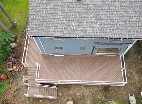 Overhead view of the finished composite deck with a herringbone inlay