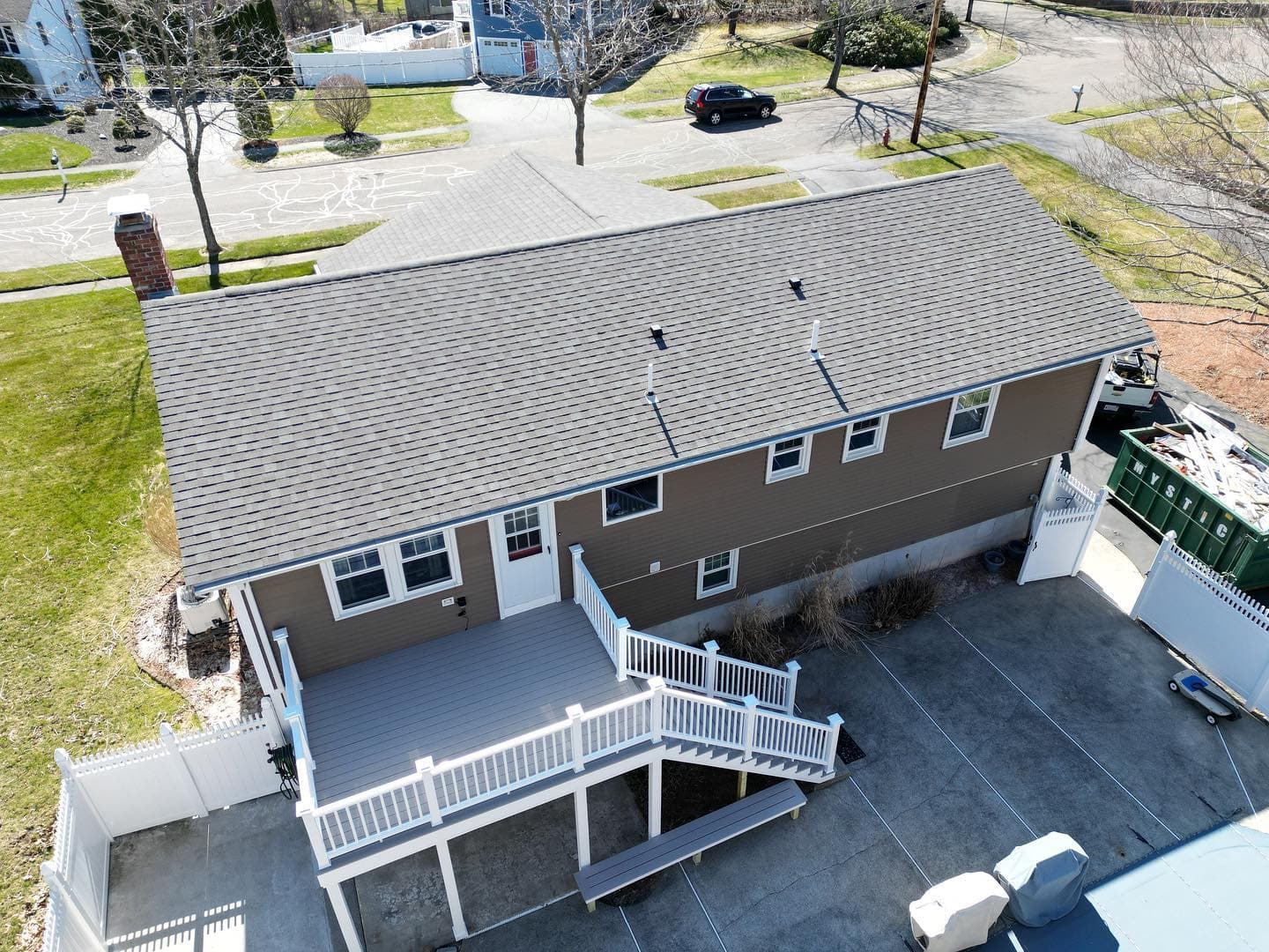 Aerial view of a deck and house
